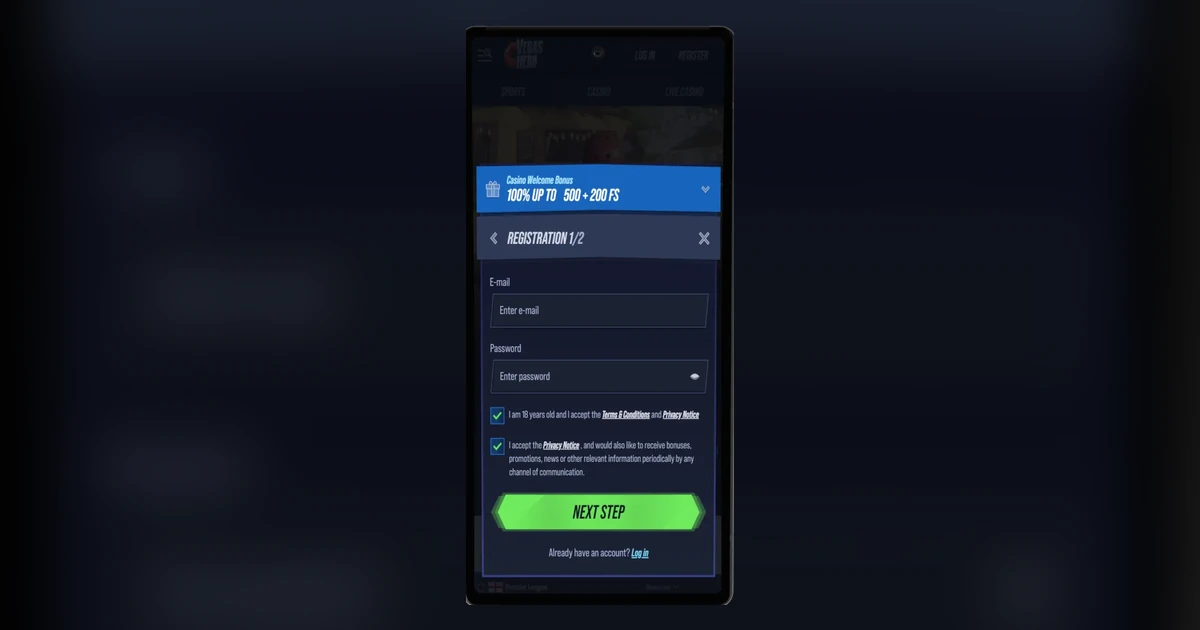 Création de compte sur le casino Vegas Hero